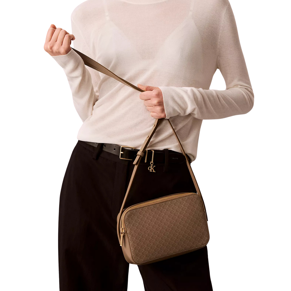 Calvin Klein Women Allover Emblem Logo Camera Bag - Desert Taupe Aop