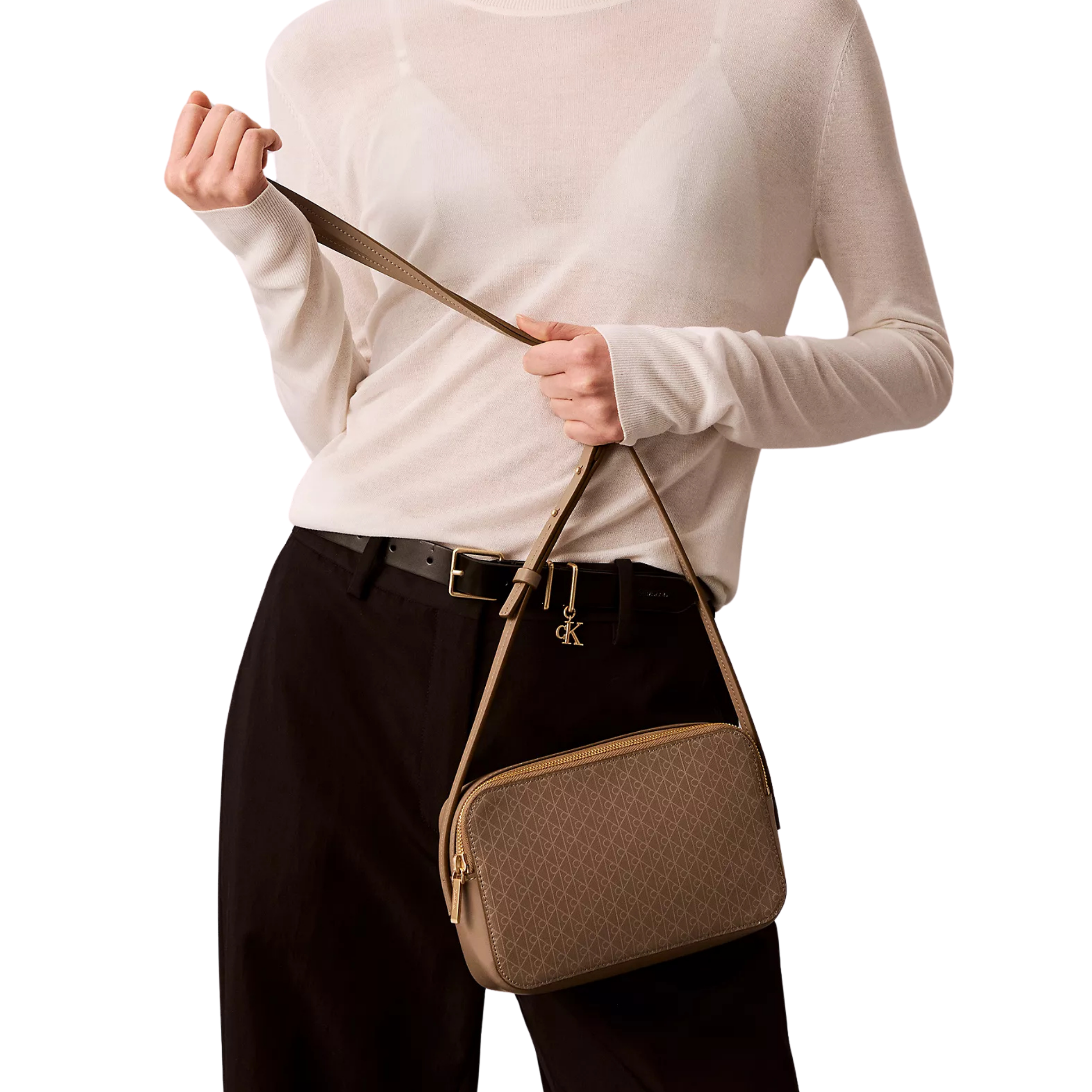 Calvin Klein Women Allover Emblem Logo Camera Bag - Desert Taupe Aop